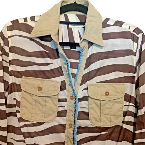 VTG Henry Cottons Top Zebra Print Blue Stones Lined placket Sz 48 L/XL Safari - Picture 3 of 12